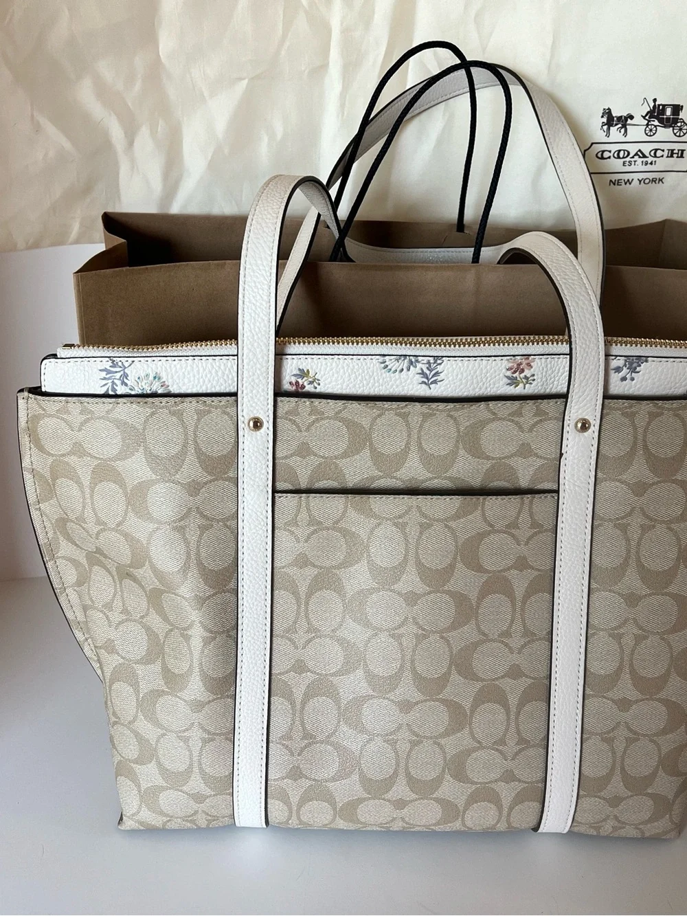 Coach Women's Beige Signature Tote with White Floral Trim